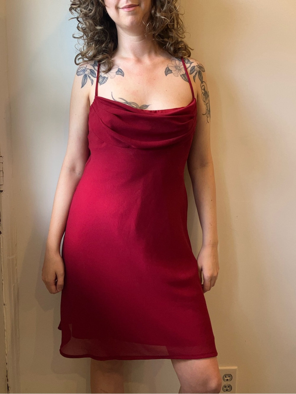 Flirty Lori Ann Red Cowl-Neck Midi Slip Dress in size 12 made in Montreal